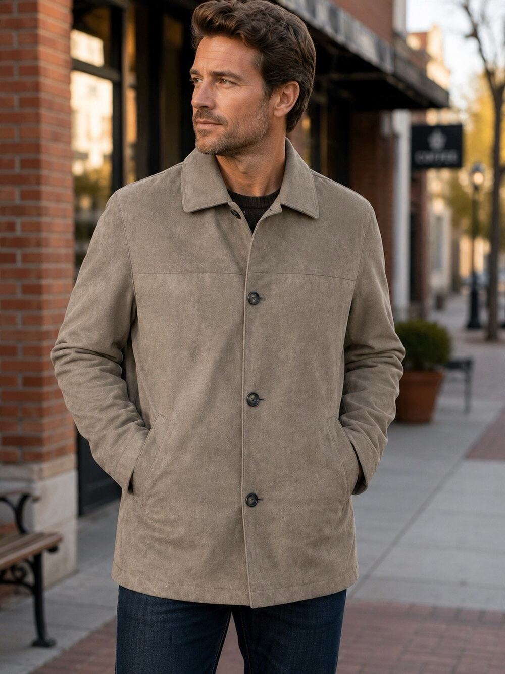 Pronto Uomo Men’s XL Beige Faux Suede Button Front Car Coat Jacket